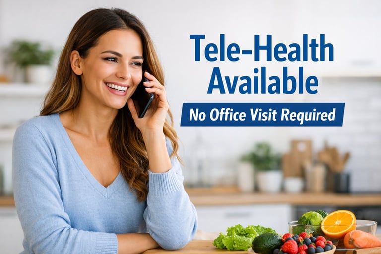 Woman on phone in kitchen with text Tele-Health Available No Office Visit Required and fresh produce on table.