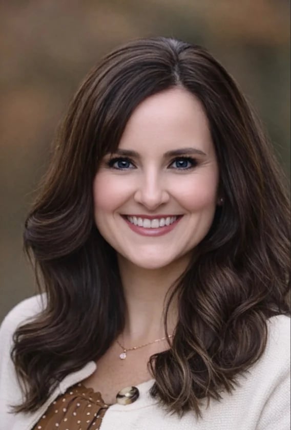Portrait of a smiling woman with long dark brown wavy hair wearing a cream cardigan and pendant necklace