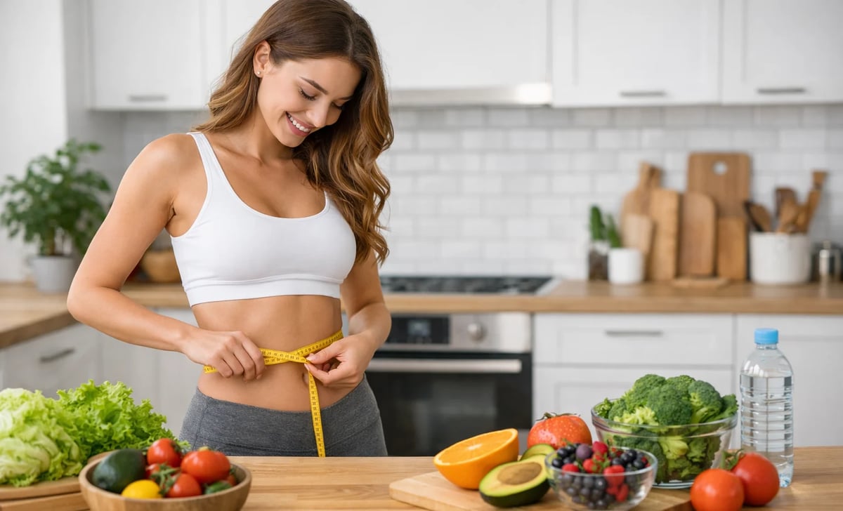 Woman measuring waist with tape measure in kitchen surrounded by fresh vegetables and fruits