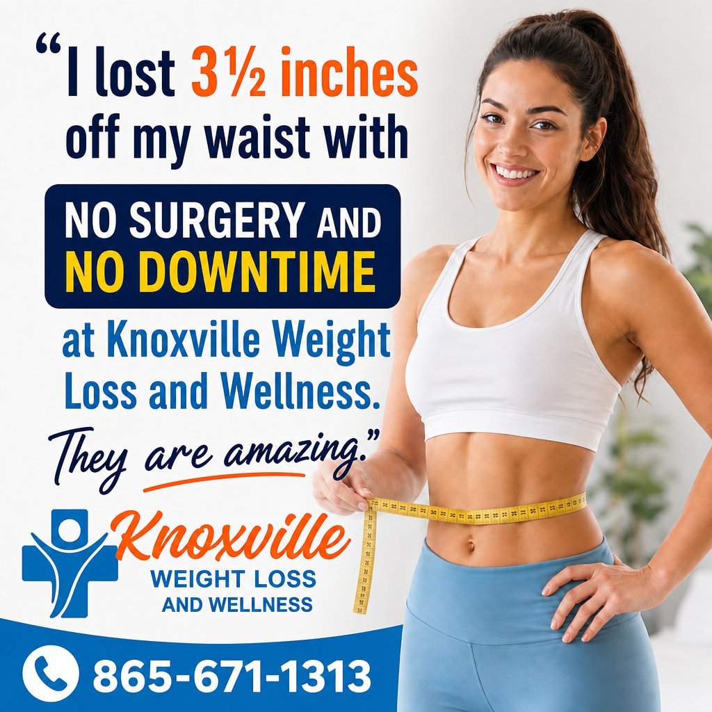 Woman in white sports bra measuring waist with yellow tape. Testimonial about losing 3.5 inches with Knoxville Weight Loss and Wellness.
