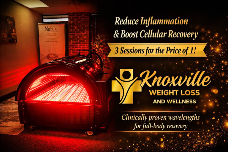 Red light therapy pod with Knoxville Weight Loss and Wellness logo advertising 3 sessions for the price of 1 to reduce inflammation and boost cellular recovery