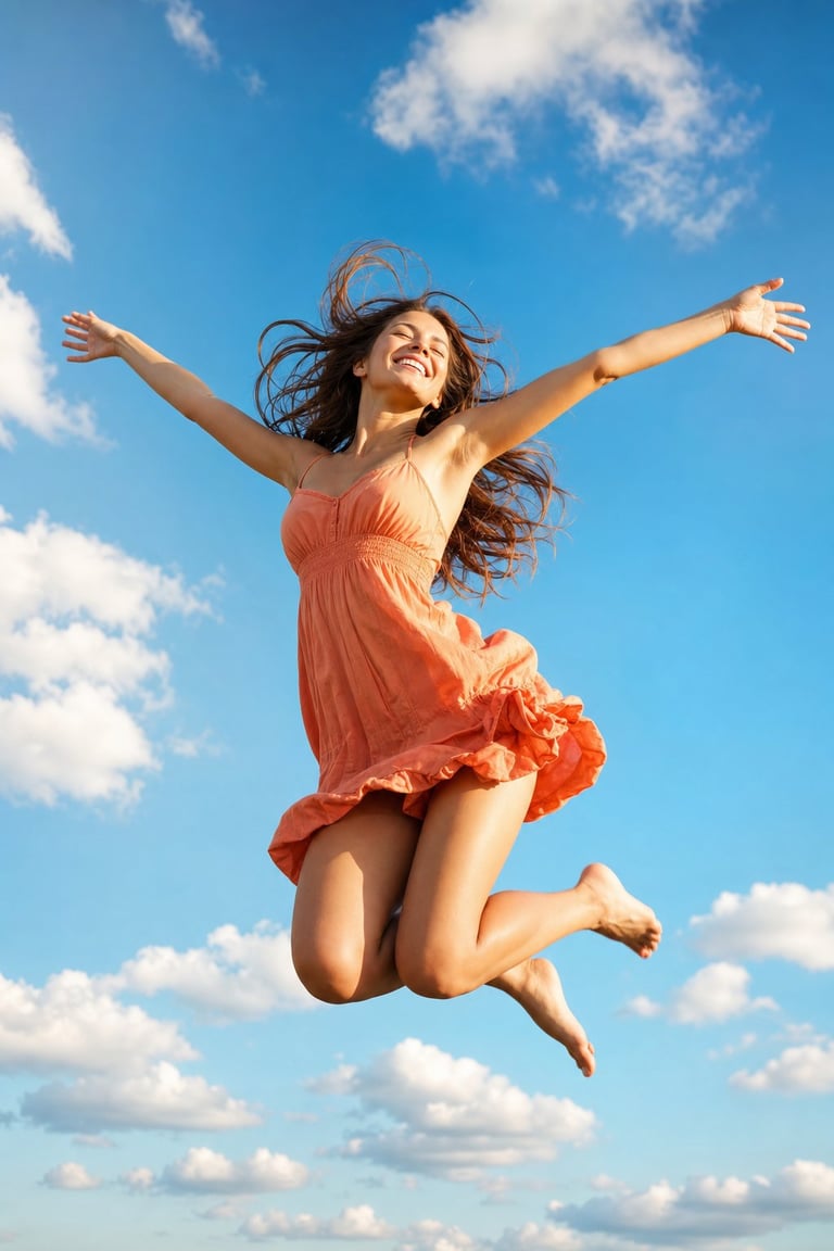 Woman in orange dress jumping joyfully against blue sky with arms outstretched and hair flowing