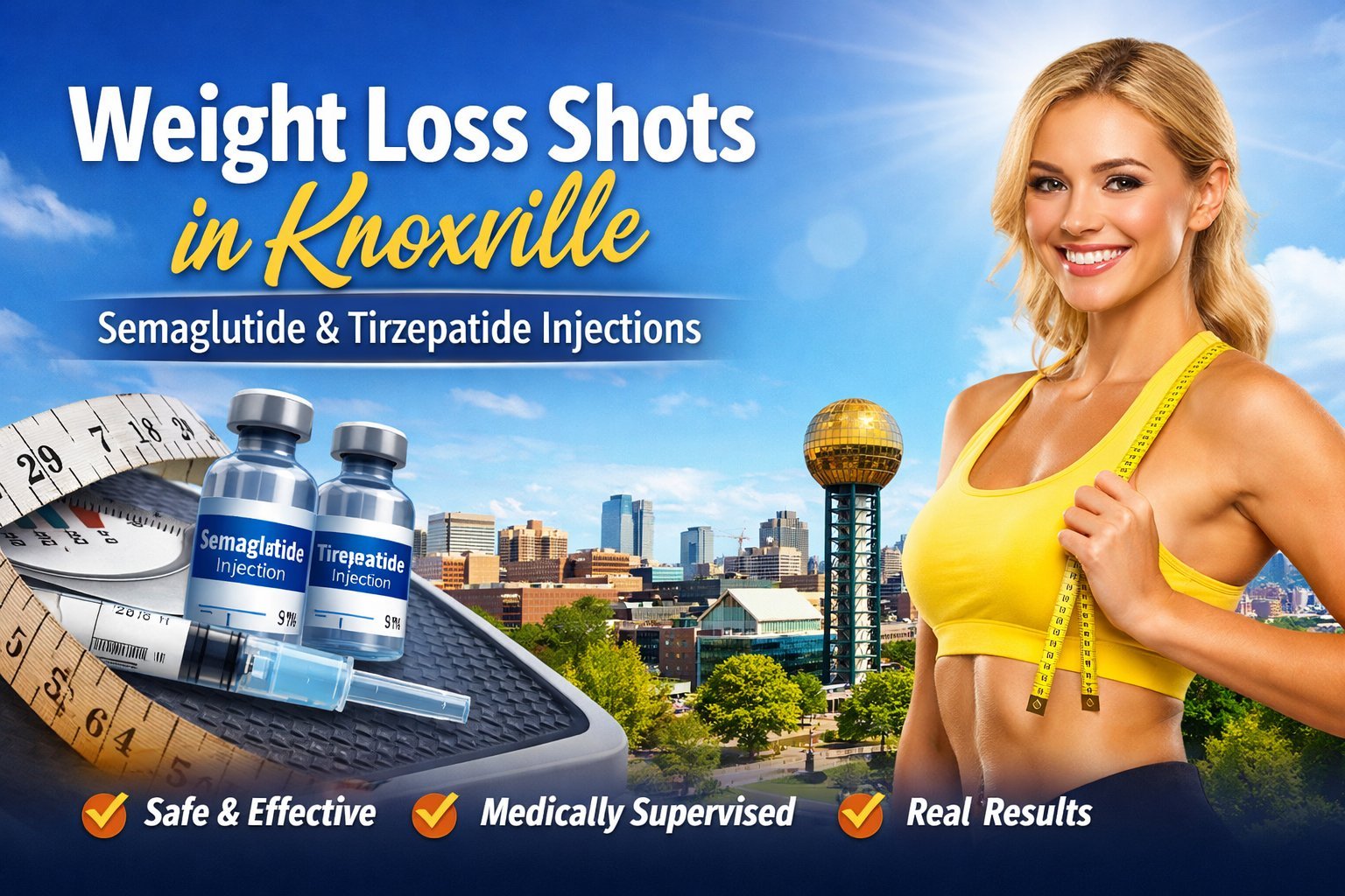 Advertisement for weight loss shots in Knoxville featuring semaglutide and tirzepatide injections with a fit woman holding a measuring tape
