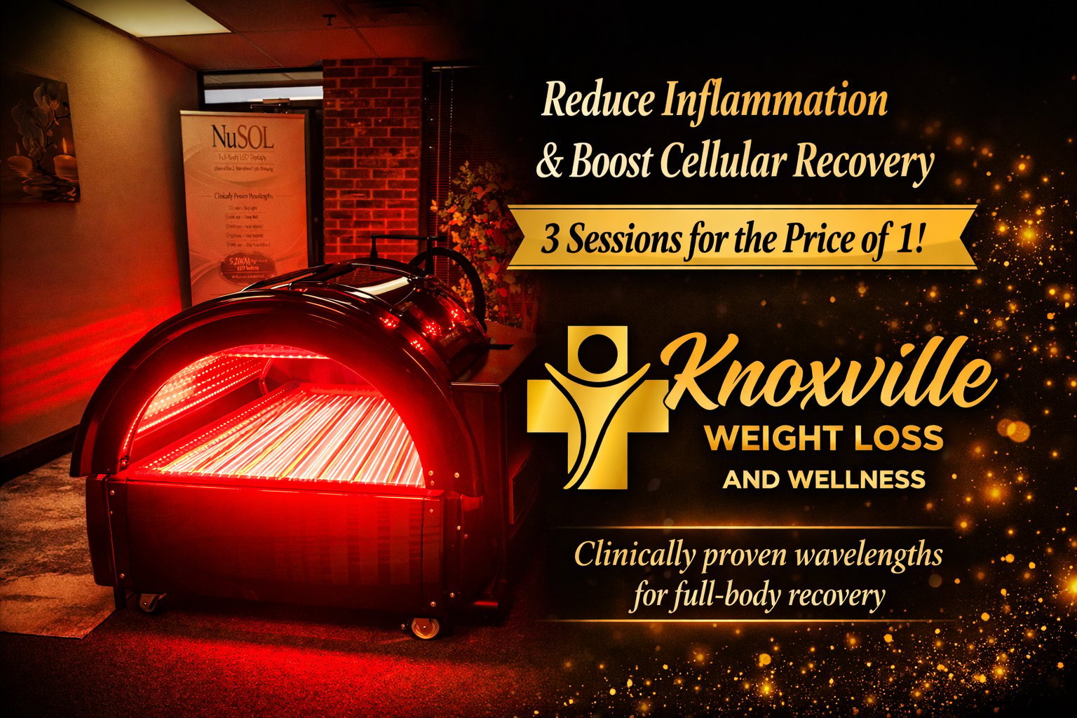 Red light therapy pod with promotional text for Knoxville Weight Loss and Wellness offering 3 sessions to reduce inflammation and boost cellular recovery